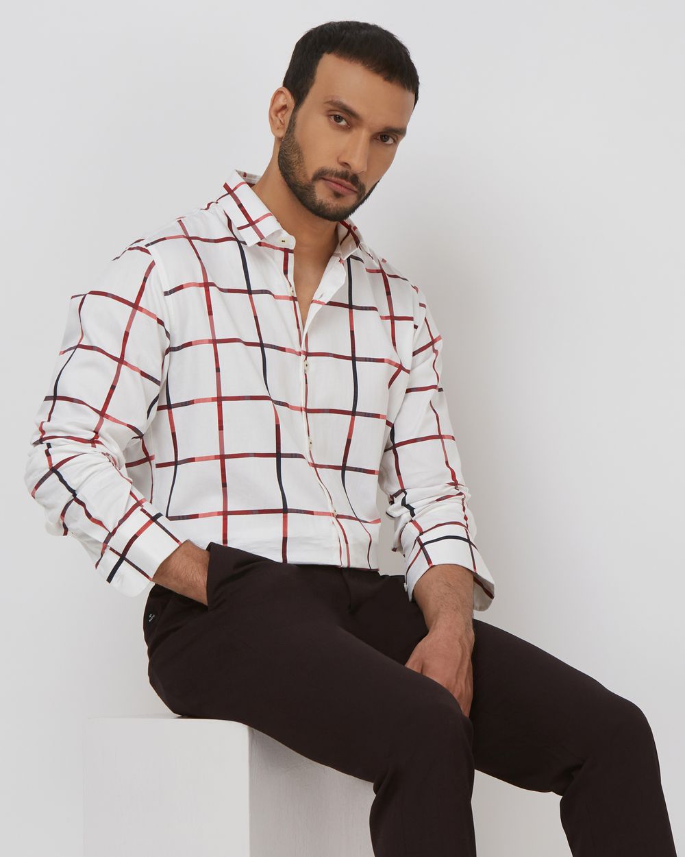 White Printed Check Slim Fit Casual Shirt