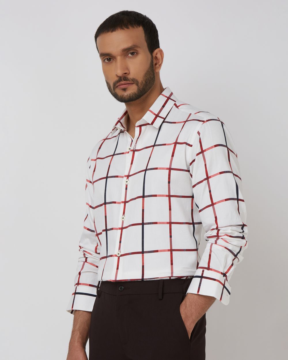White Printed Check Slim Fit Casual Shirt