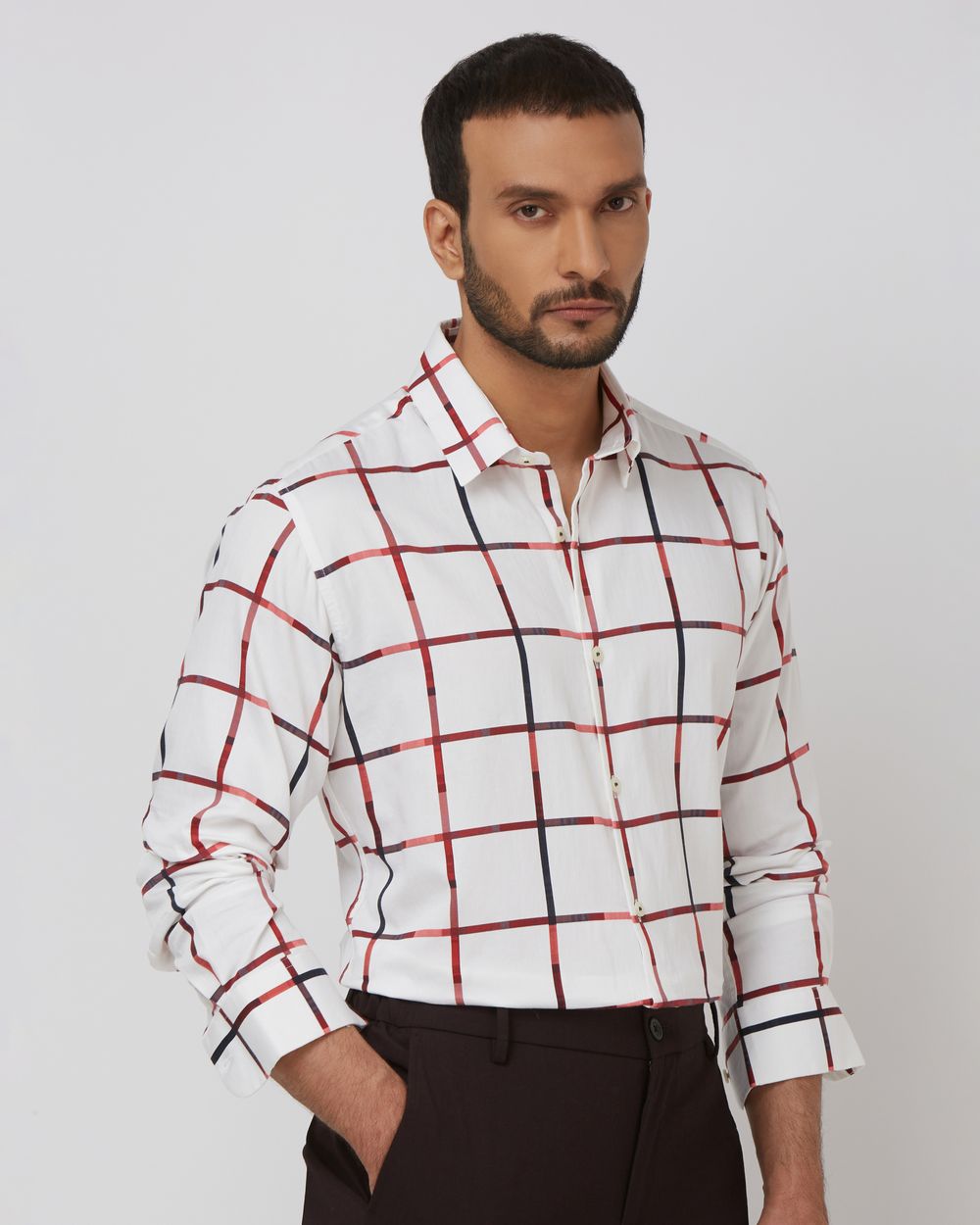 White Printed Check Slim Fit Casual Shirt