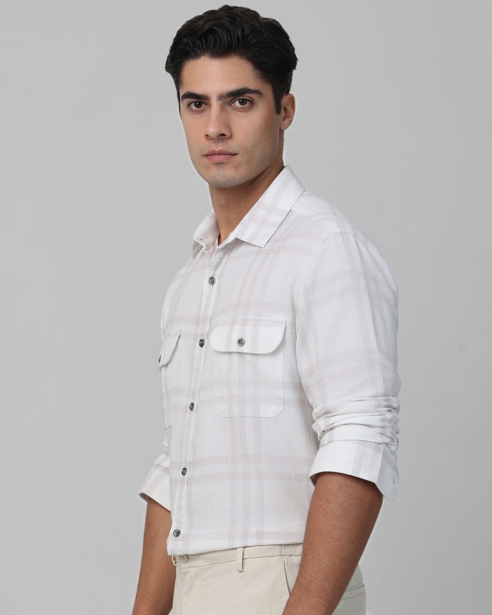 White Large Check Slim Fit Casual Shirt