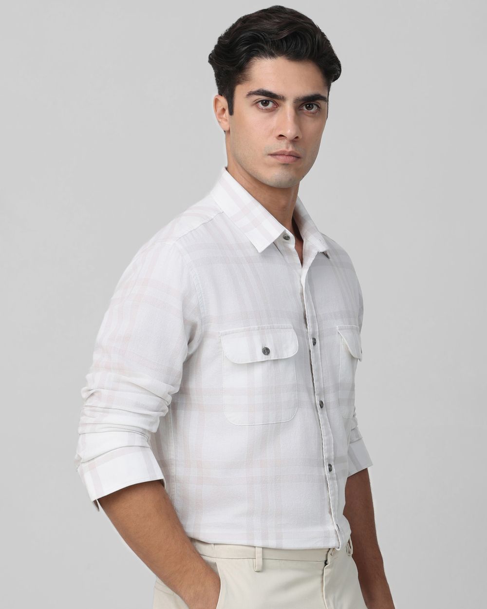 White Large Check Slim Fit Casual Shirt