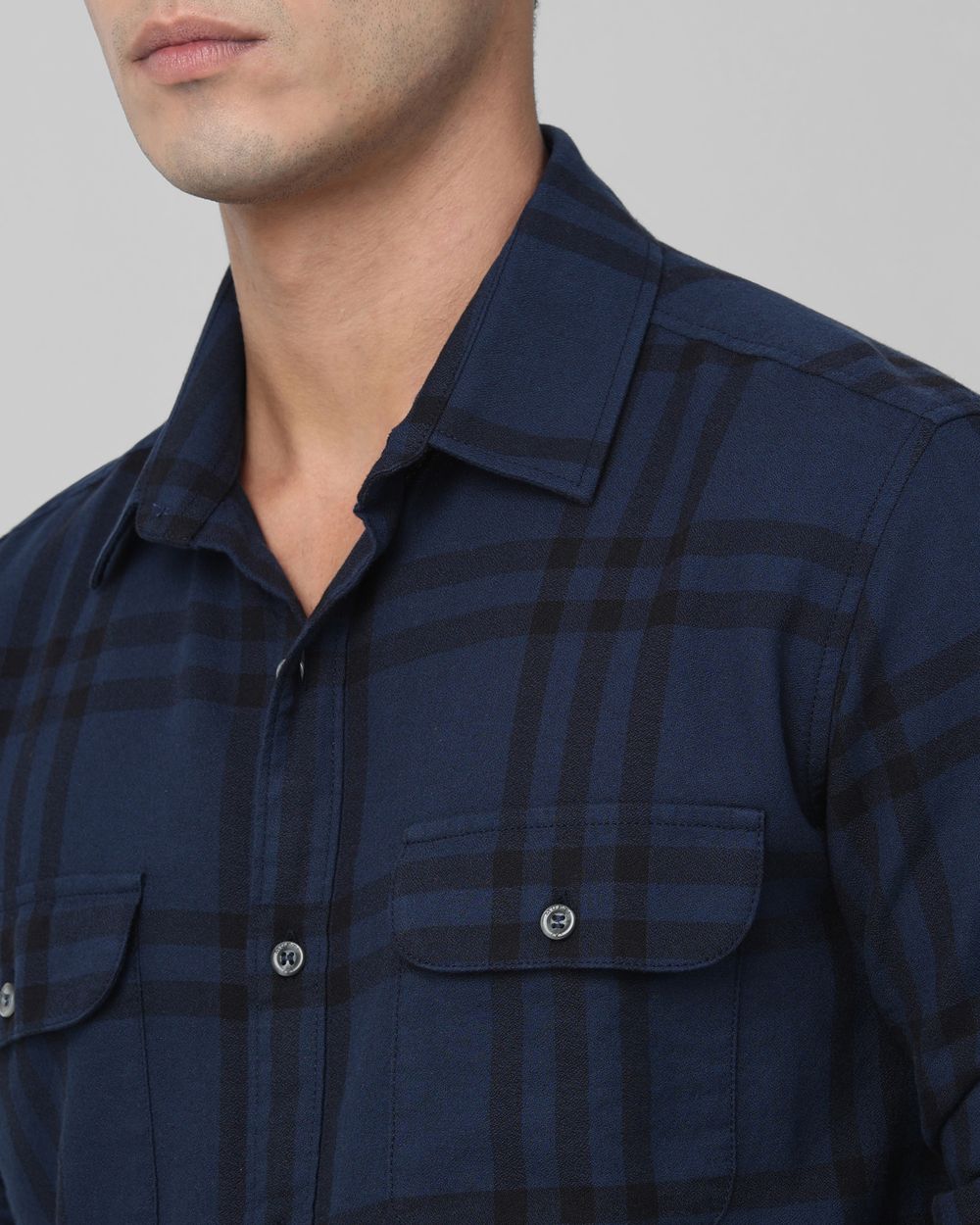 Navy Large Check Slim Fit Casual Shirt