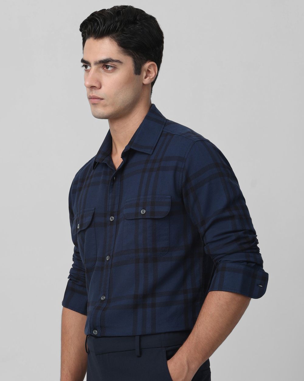 Navy Large Check Slim Fit Casual Shirt