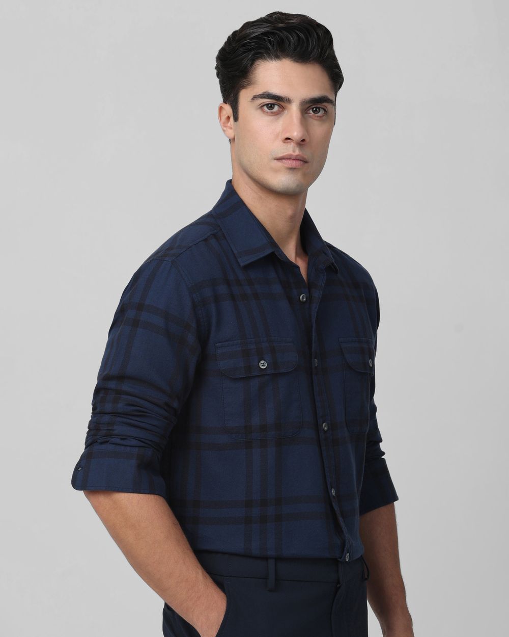 Navy Large Check Slim Fit Casual Shirt