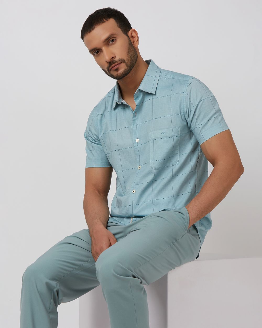 Sage Large Check Slim Fit Casual Shirt