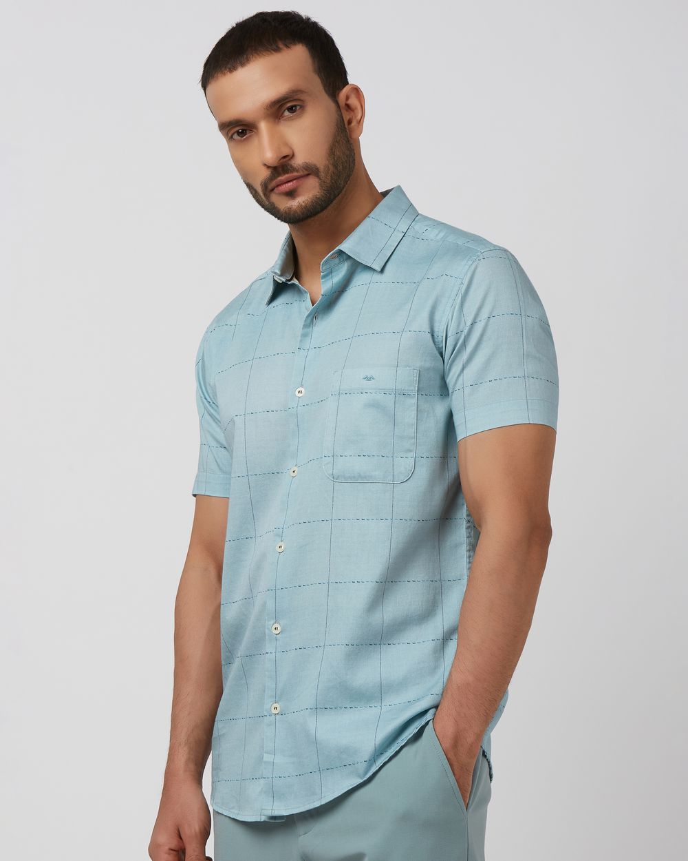 Sage Large Check Slim Fit Casual Shirt