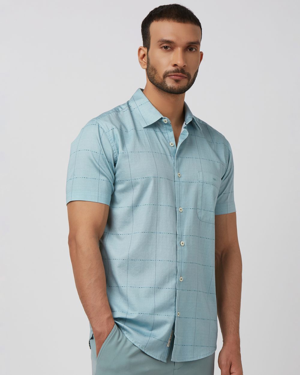 Sage Large Check Slim Fit Casual Shirt