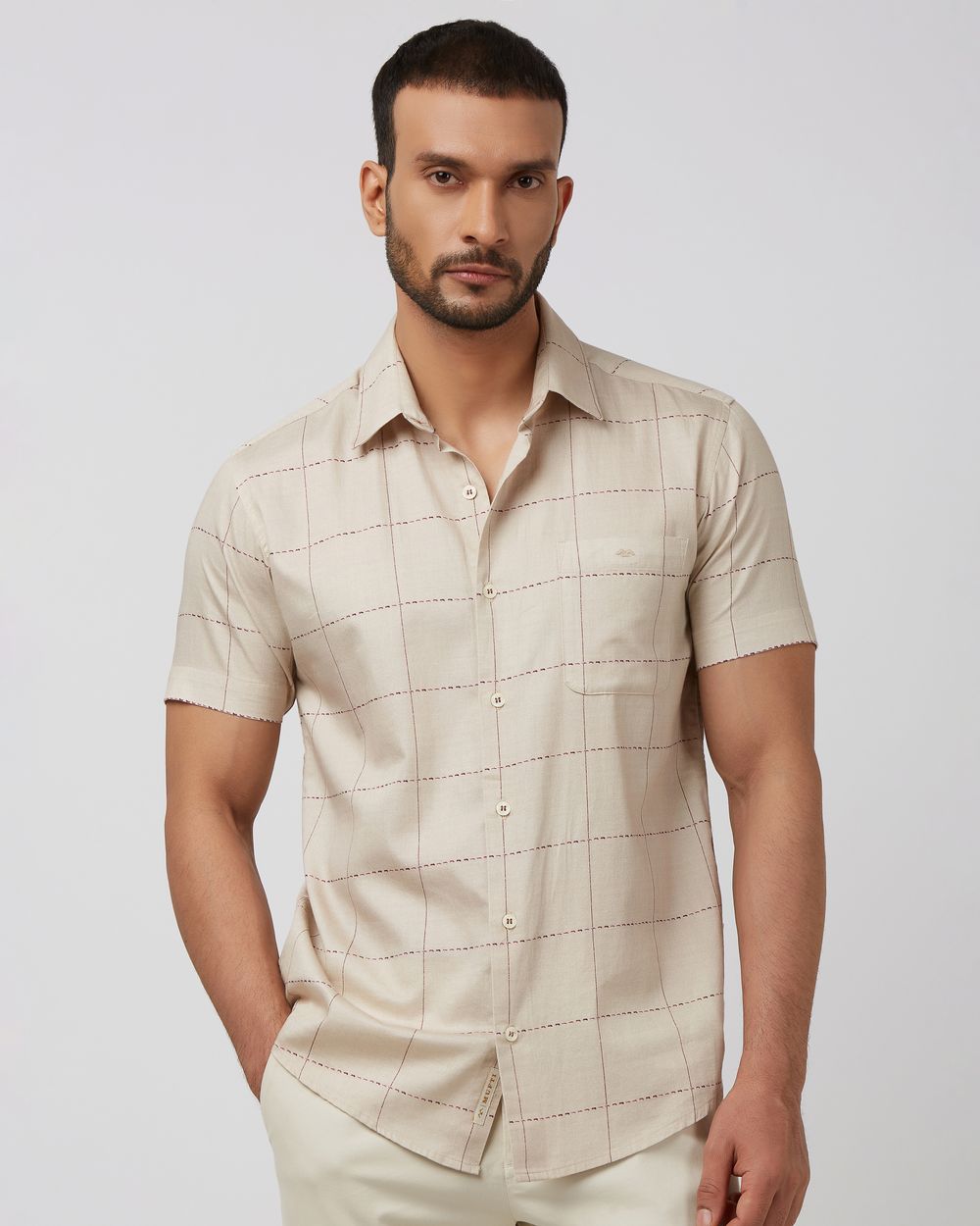 Beige Windowpane Check Slim Fit Casual Shirt
