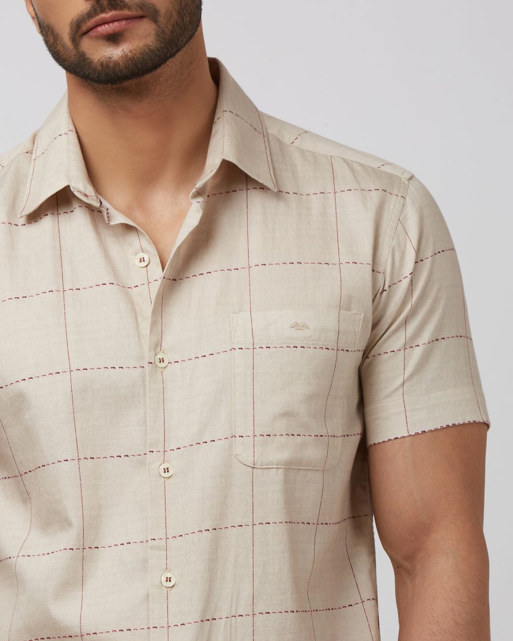 Beige Windowpane Check Slim Fit Casual Shirt