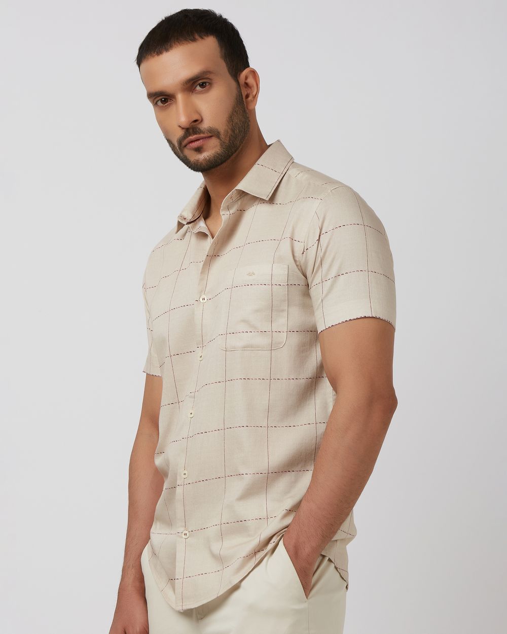 Beige Windowpane Check Slim Fit Casual Shirt