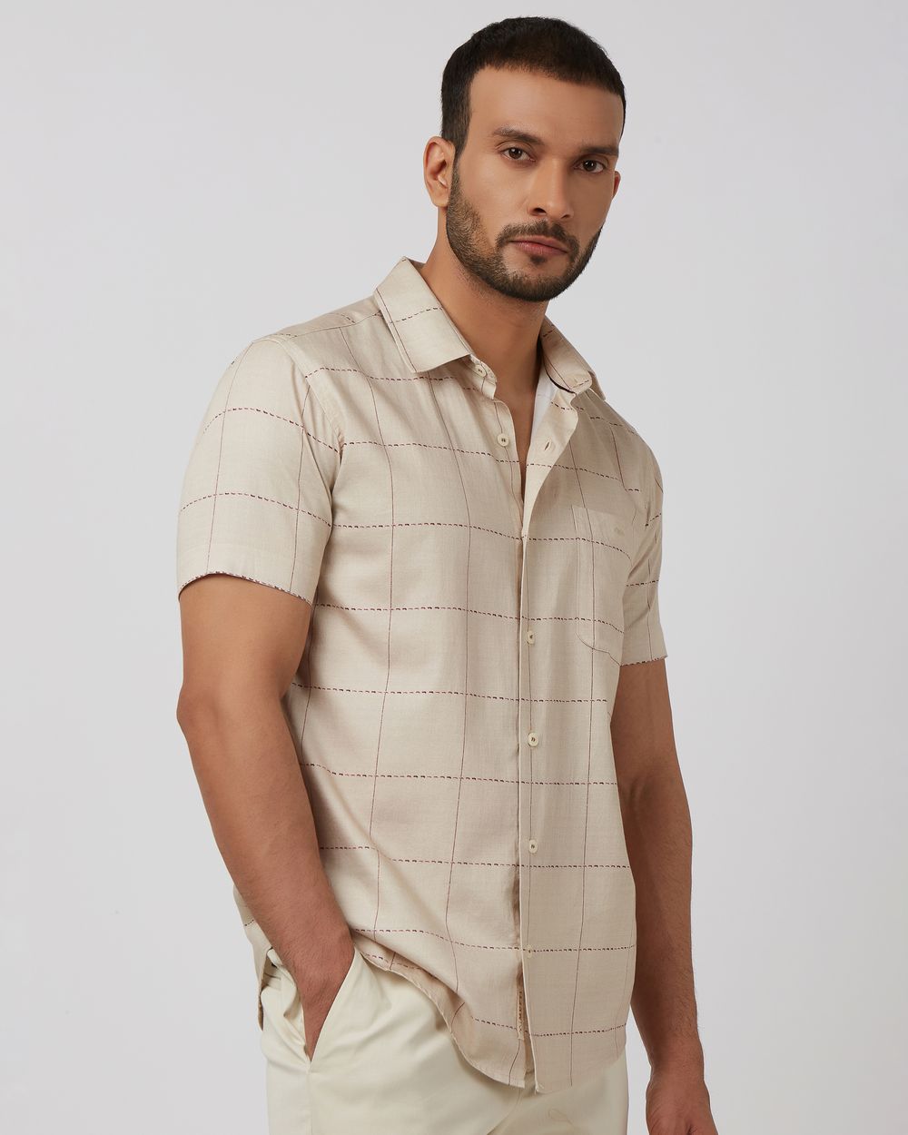 Beige Windowpane Check Slim Fit Casual Shirt