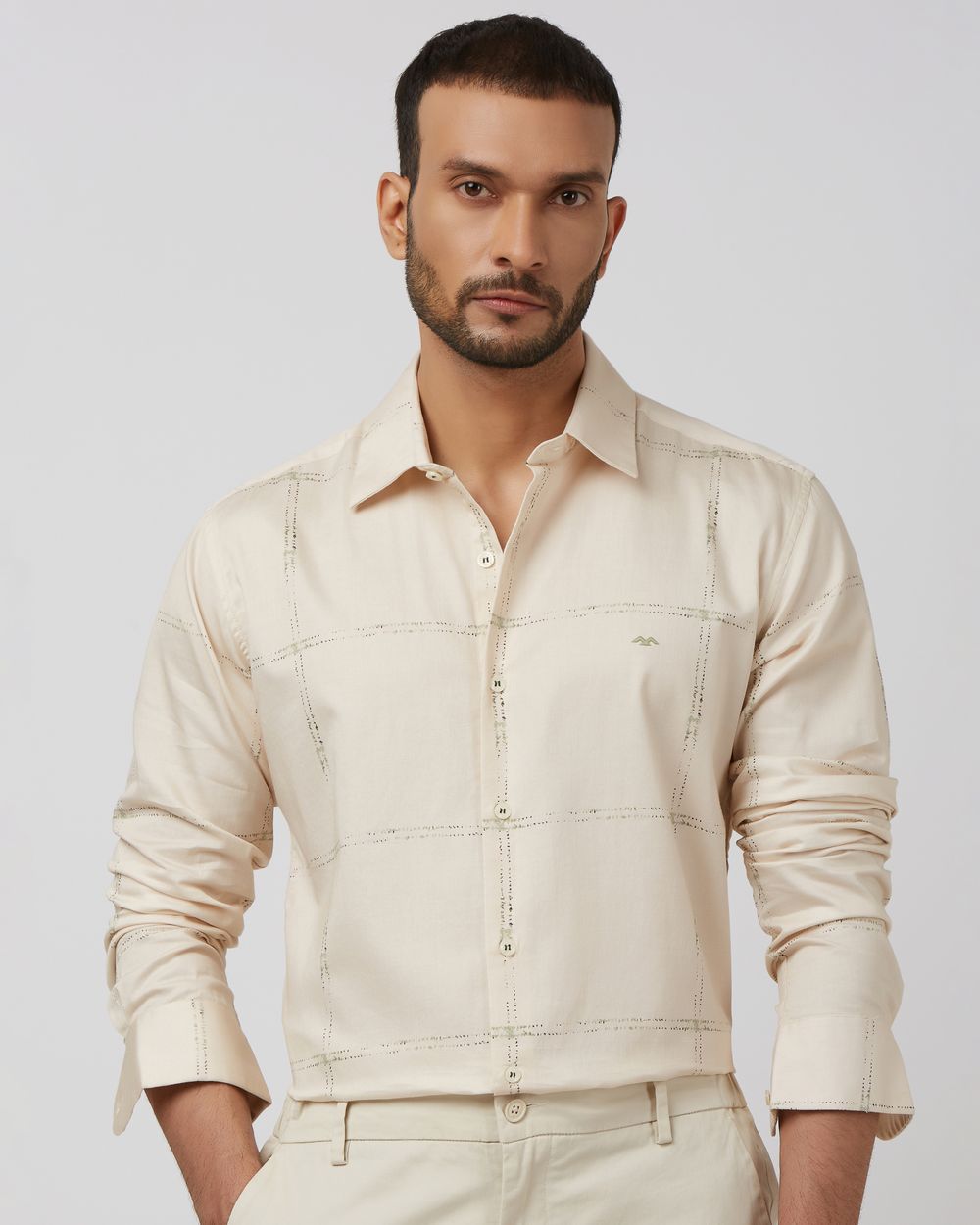 Beige Large Check Slim Fit Casual Shirt