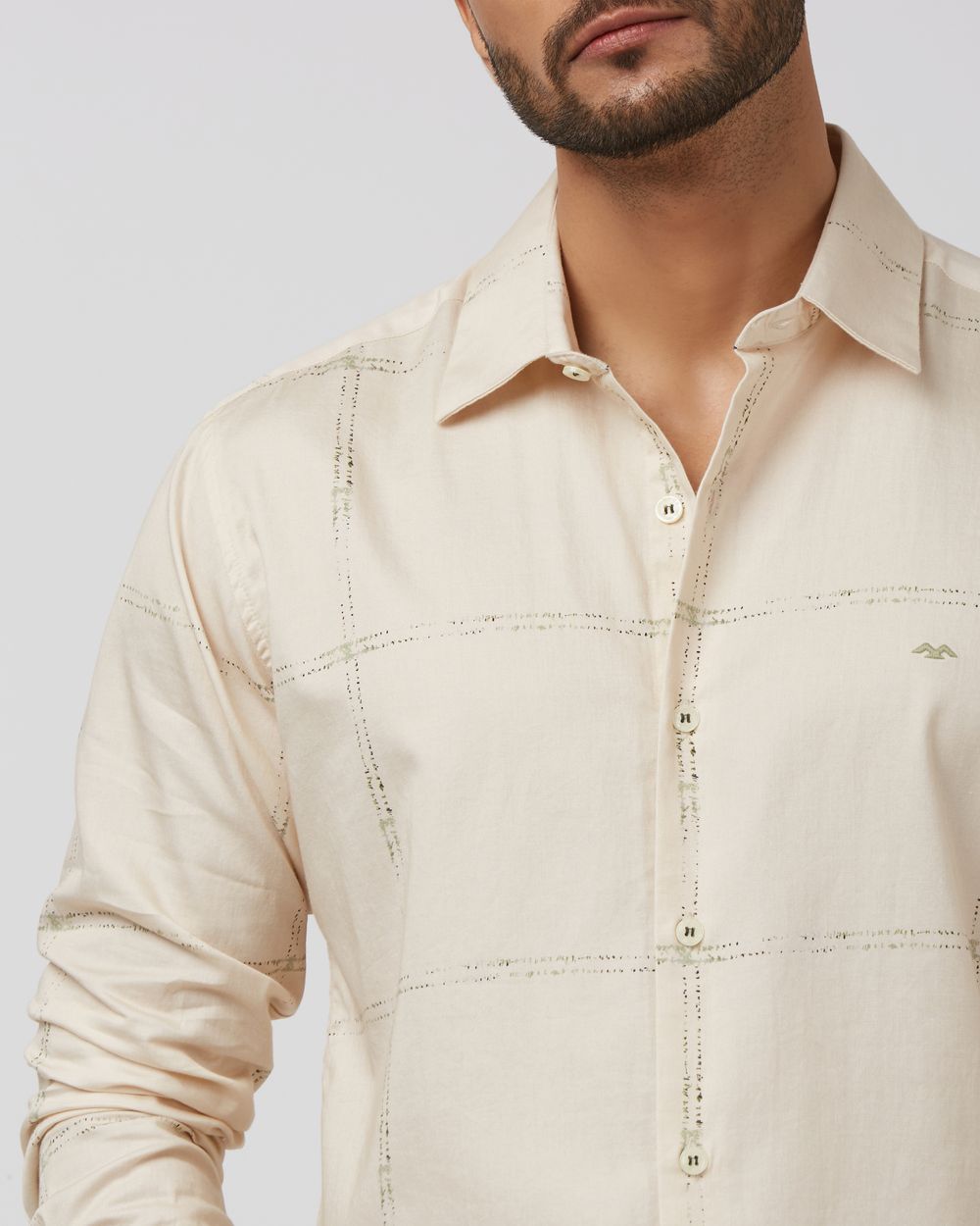 Beige Large Check Slim Fit Casual Shirt