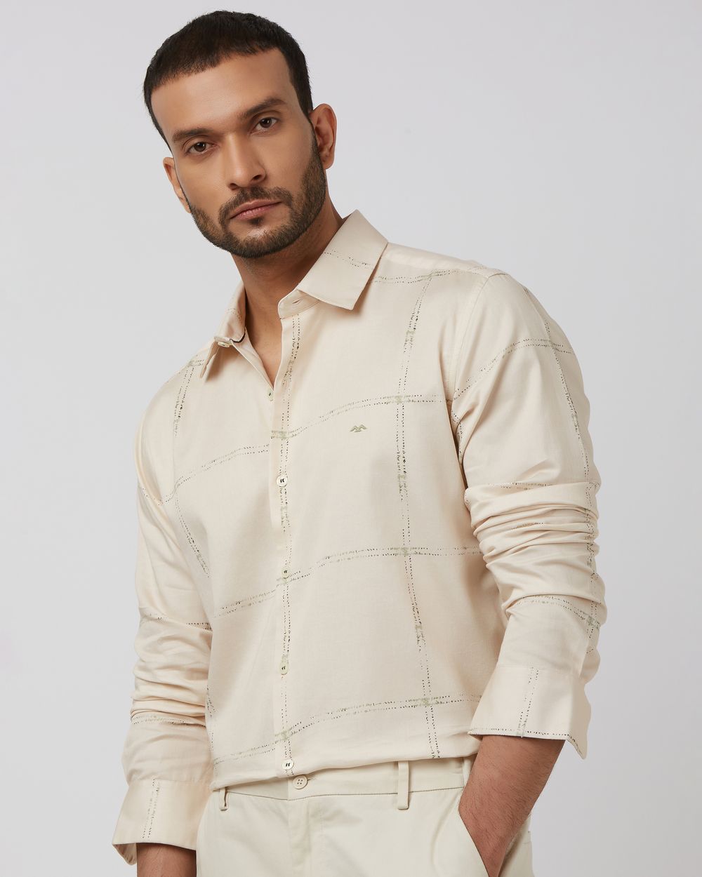 Beige Large Check Slim Fit Casual Shirt