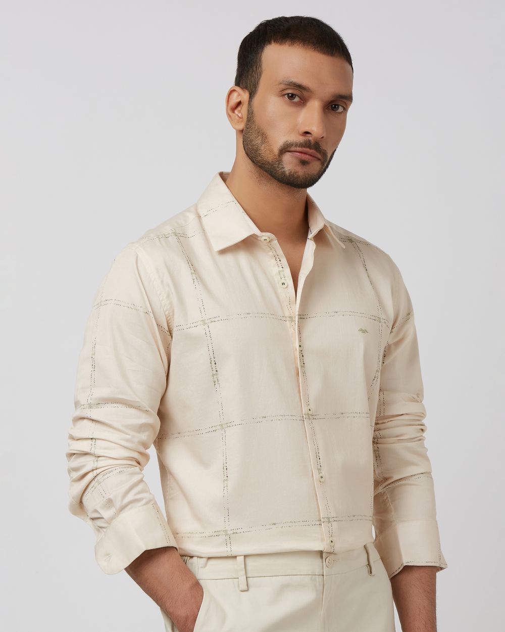 Beige Large Check Slim Fit Casual Shirt