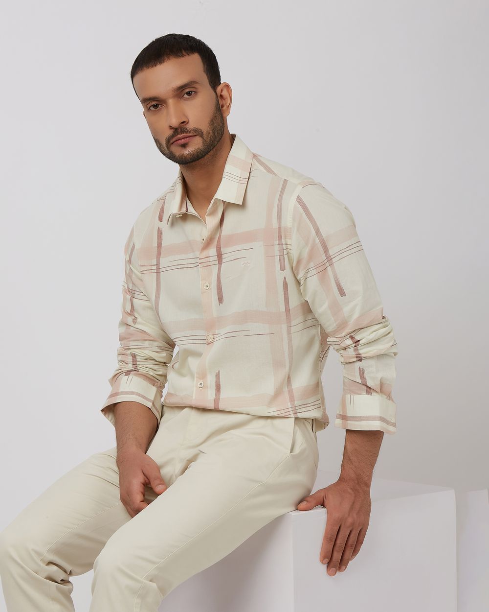 Off White Printed Check Slim Fit Casual Shirt