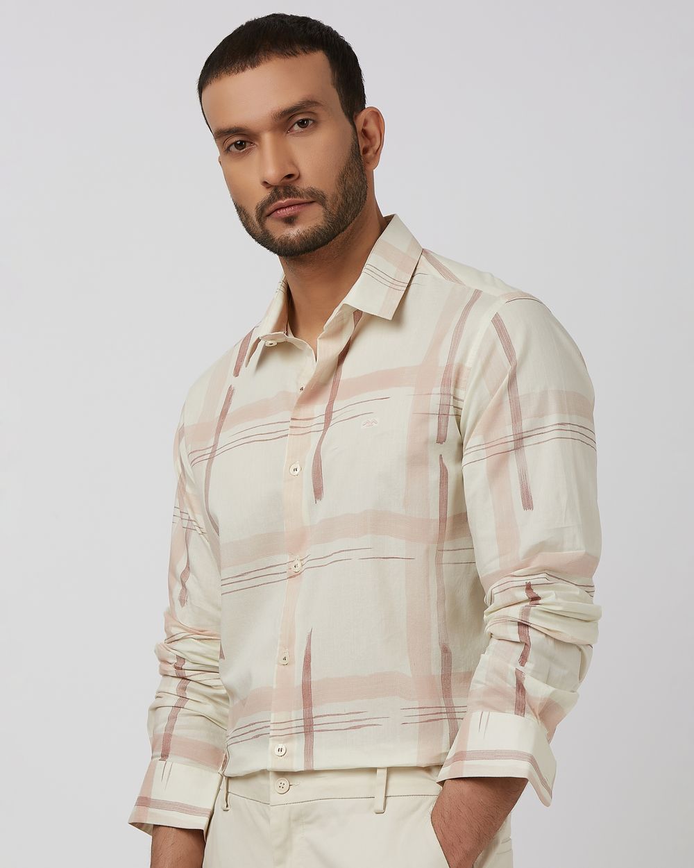 Off White Printed Check Slim Fit Casual Shirt