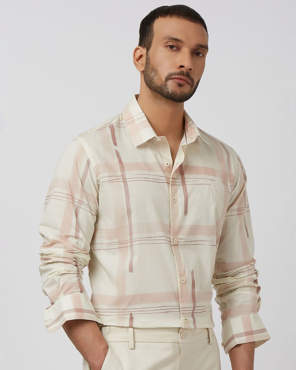 Off White Printed Check Slim Fit Casual Shirt