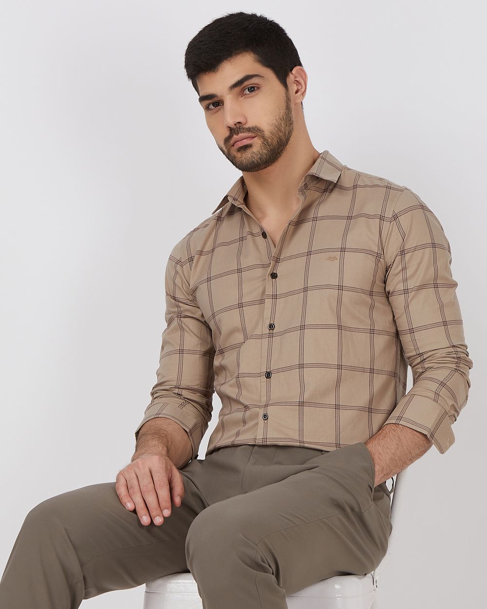 Khaki Windowpane Check Slim Fit Casual Shirt