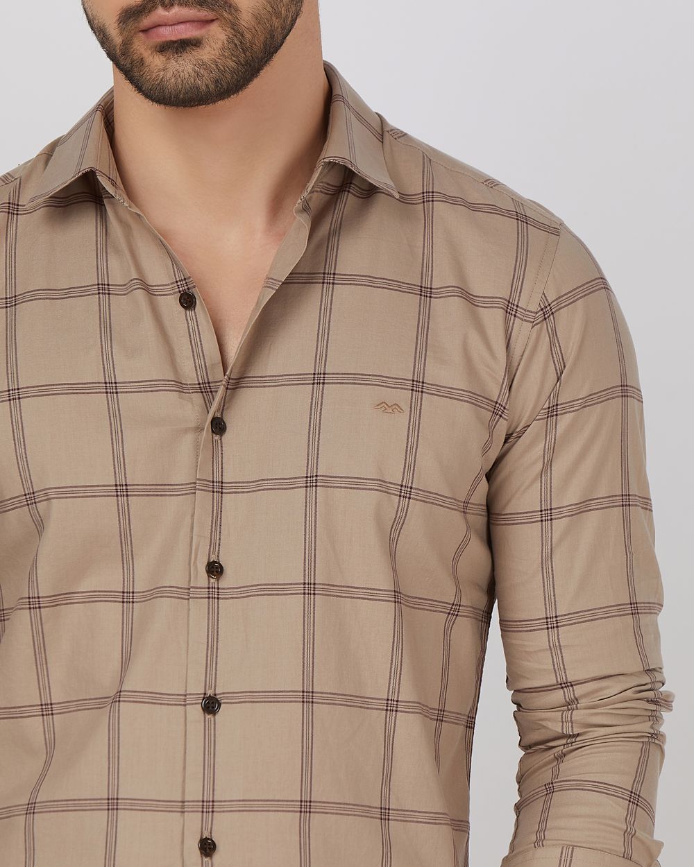 Khaki Windowpane Check Slim Fit Casual Shirt