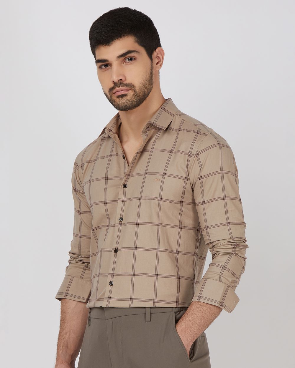 Khaki Windowpane Check Slim Fit Casual Shirt