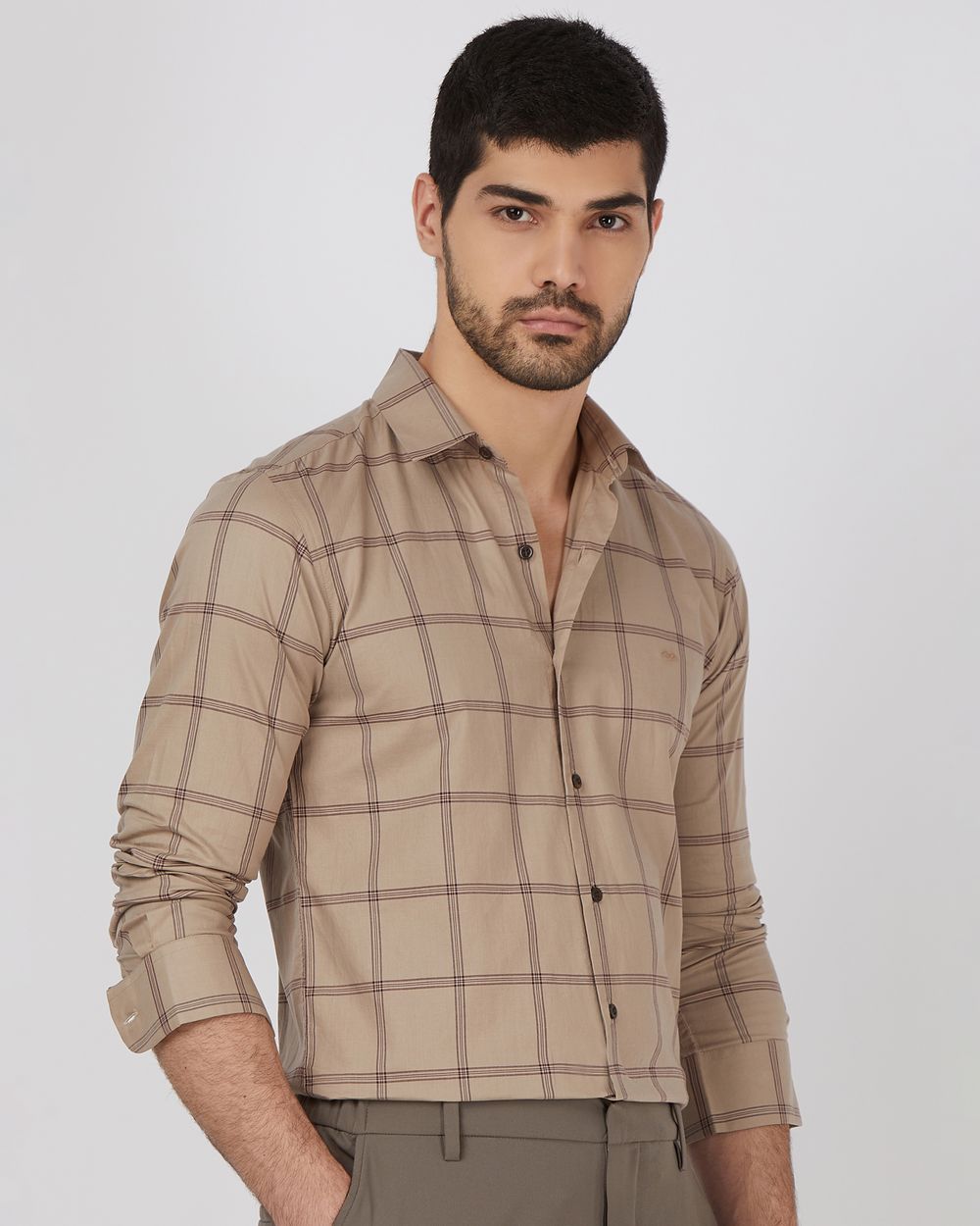 Khaki Windowpane Check Slim Fit Casual Shirt