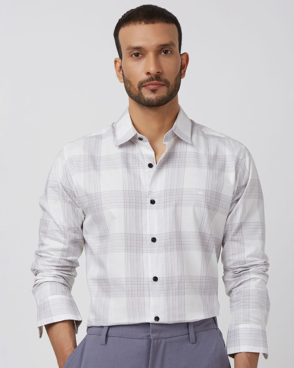 White Large Check Slim Fit Casual Shirt