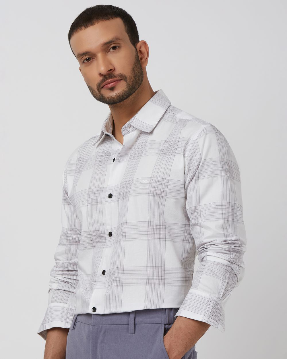 White Large Check Slim Fit Casual Shirt