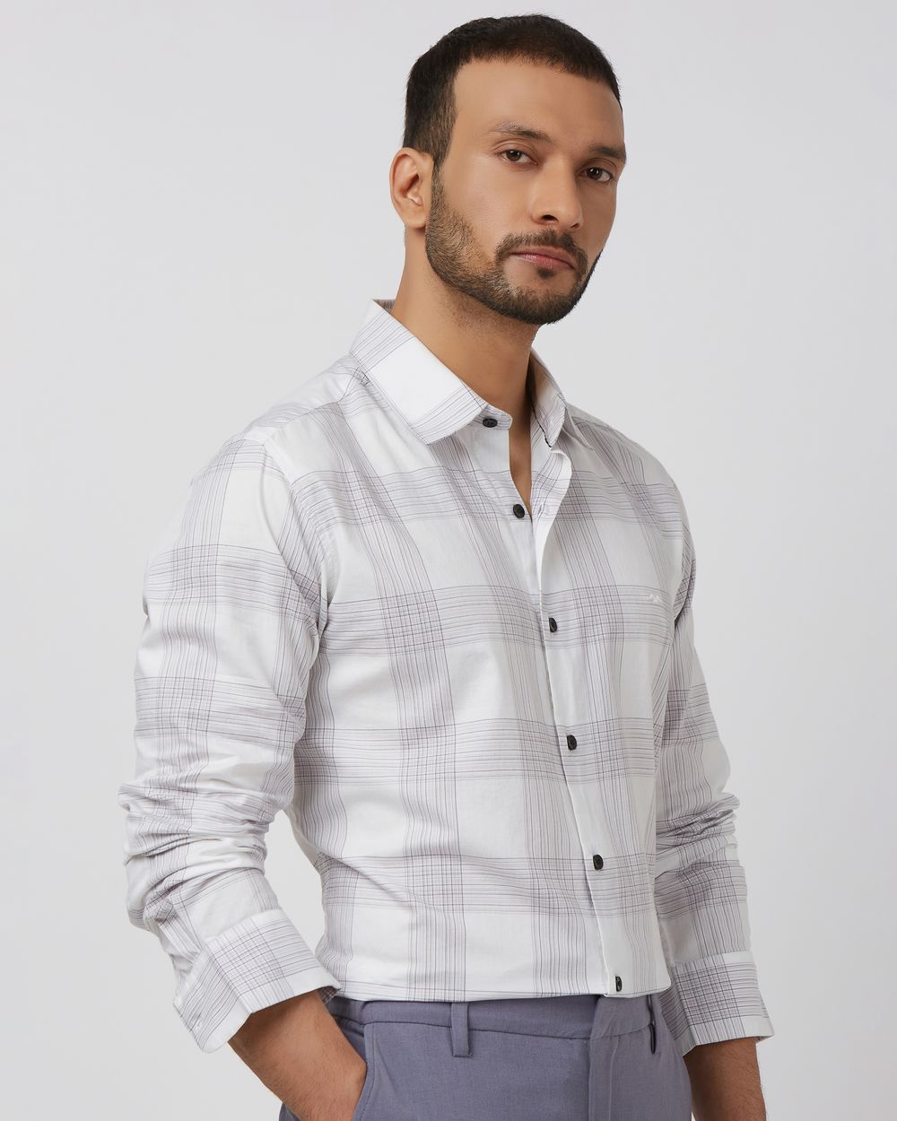 White Large Check Slim Fit Casual Shirt