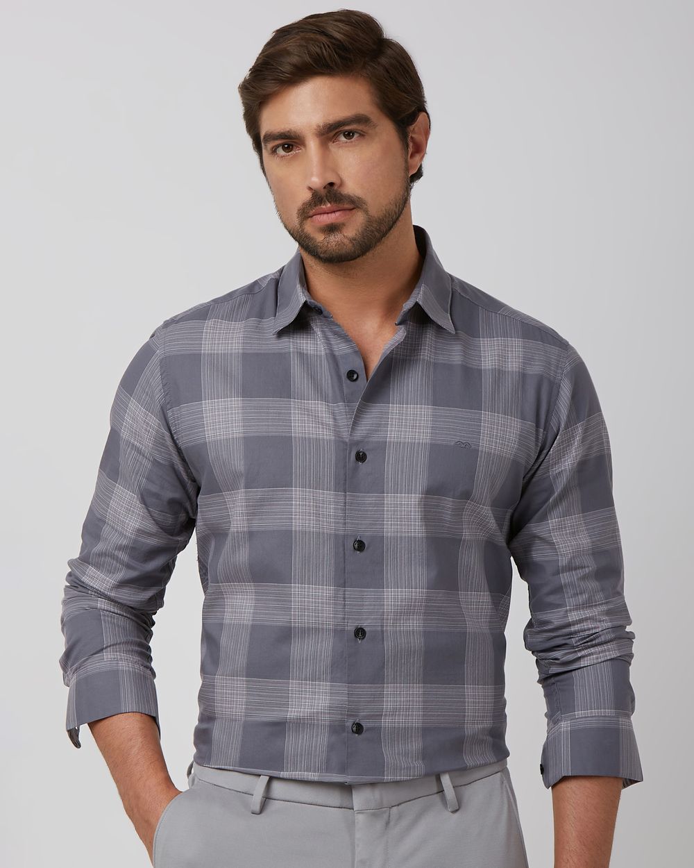 Grey Large Check Slim Fit Casual Shirt