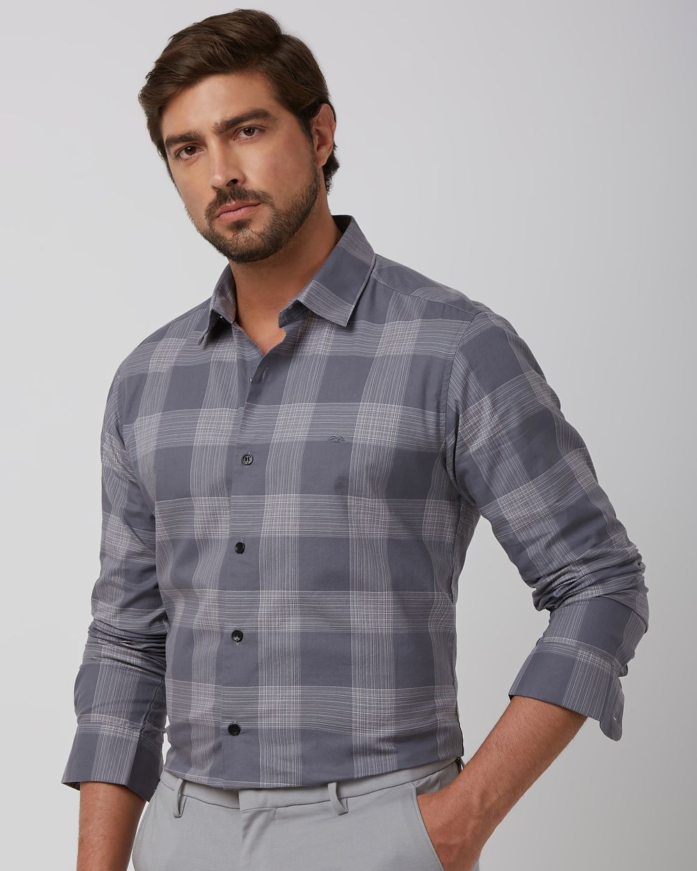 Grey Large Check Slim Fit Casual Shirt