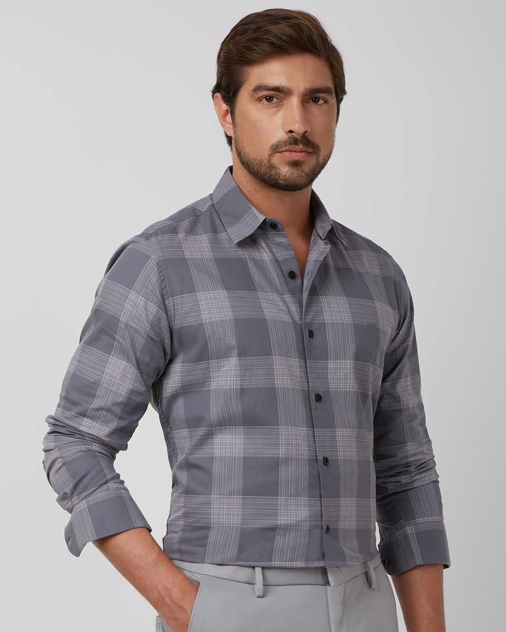 Grey Large Check Slim Fit Casual Shirt