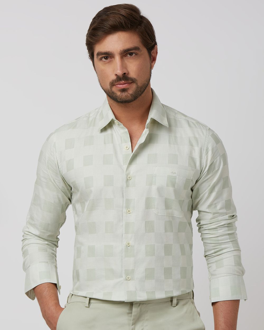 Light Green Tonal Check Slim Fit Casual Shirt