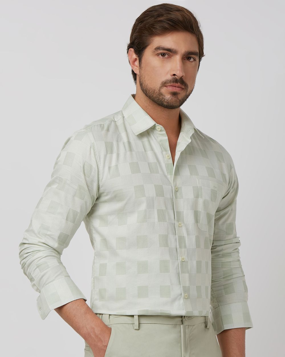 Light Green Tonal Check Slim Fit Casual Shirt