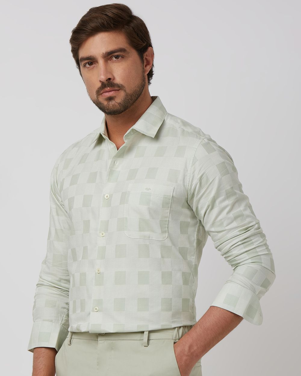 Light Green Tonal Check Slim Fit Casual Shirt