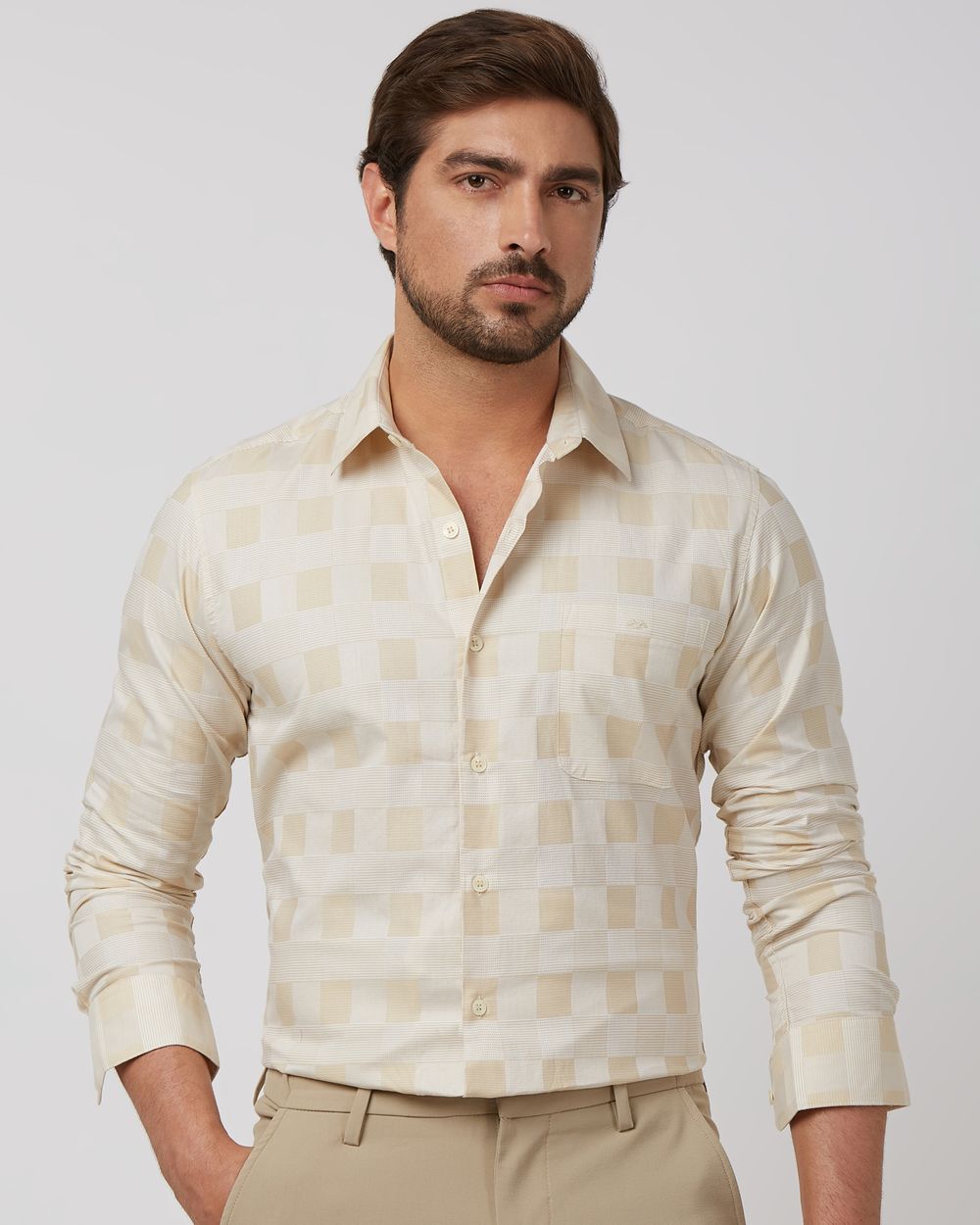 Beige Tonal Check Slim Fit Casual Shirt