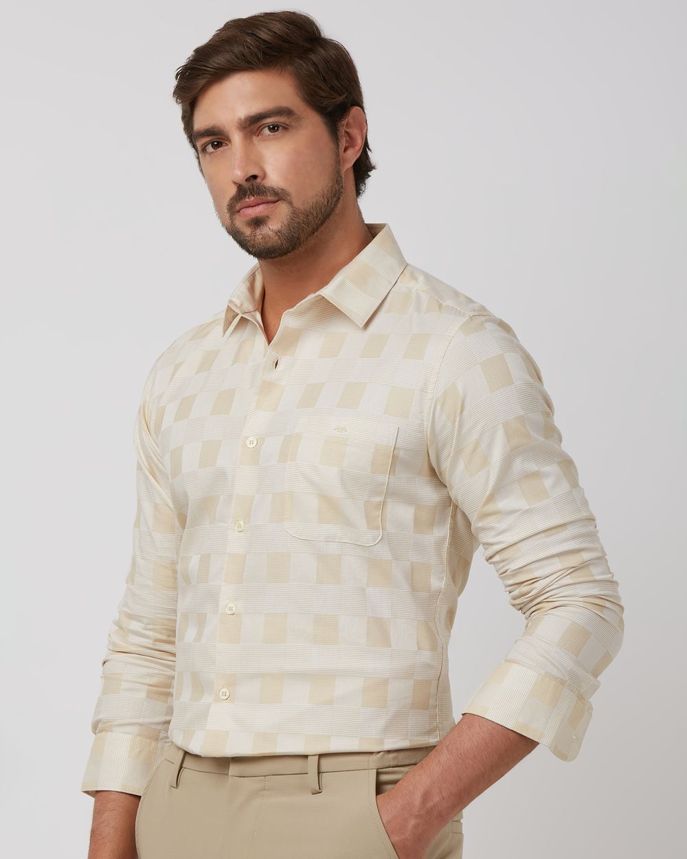 Beige Tonal Check Slim Fit Casual Shirt