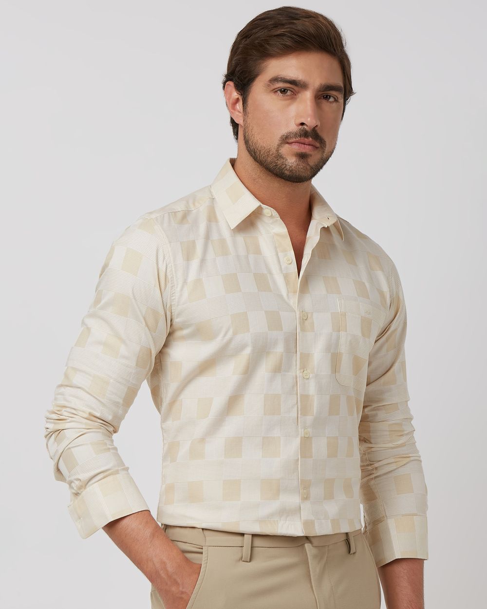 Beige Tonal Check Slim Fit Casual Shirt