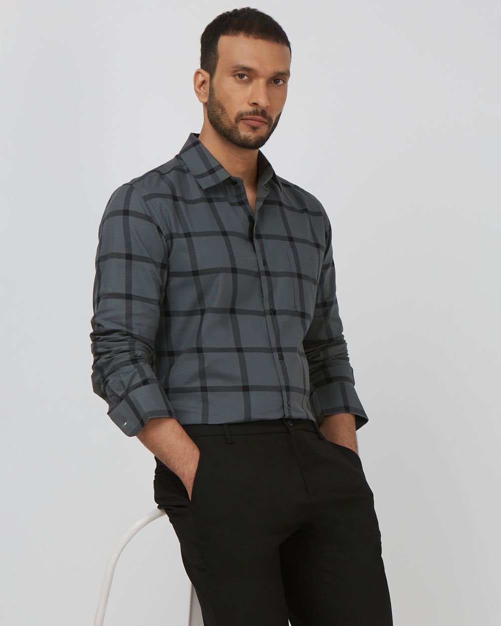 Dark Grey Windowpane Check Slim Fit Casual Shirt
