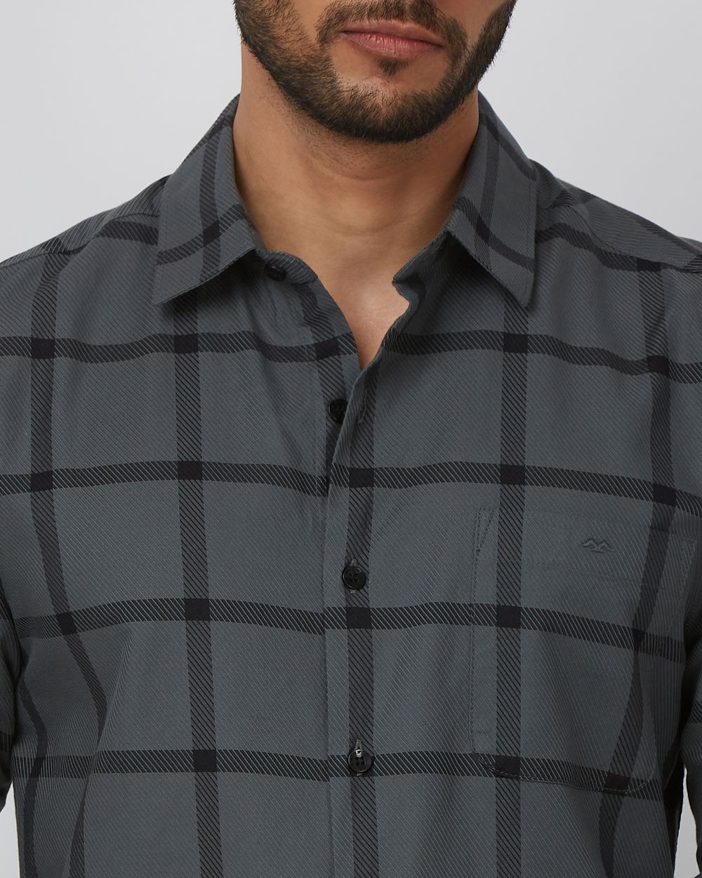 Dark Grey Windowpane Check Slim Fit Casual Shirt