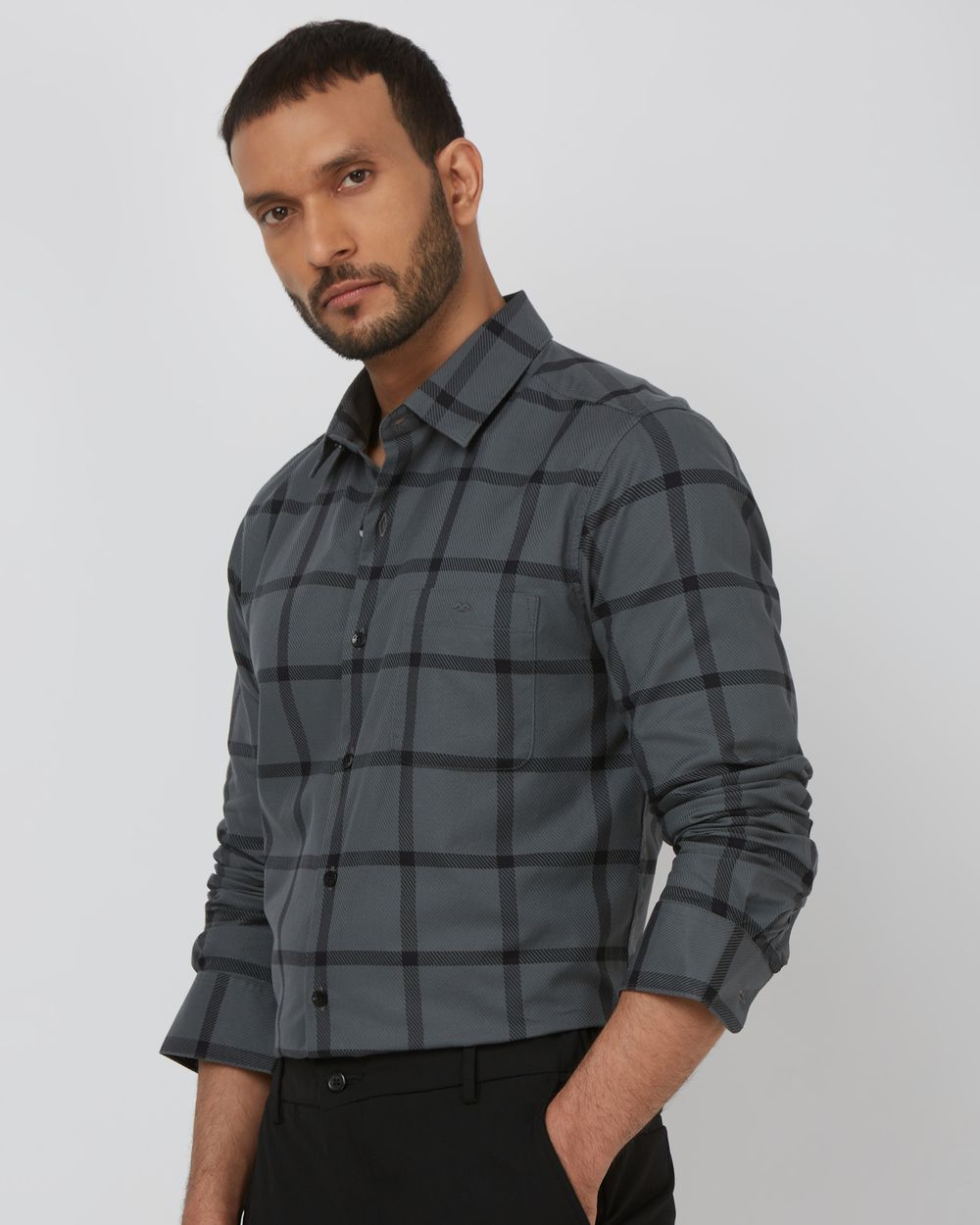 Dark Grey Windowpane Check Slim Fit Casual Shirt