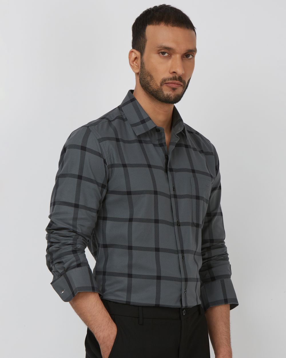 Dark Grey Windowpane Check Slim Fit Casual Shirt