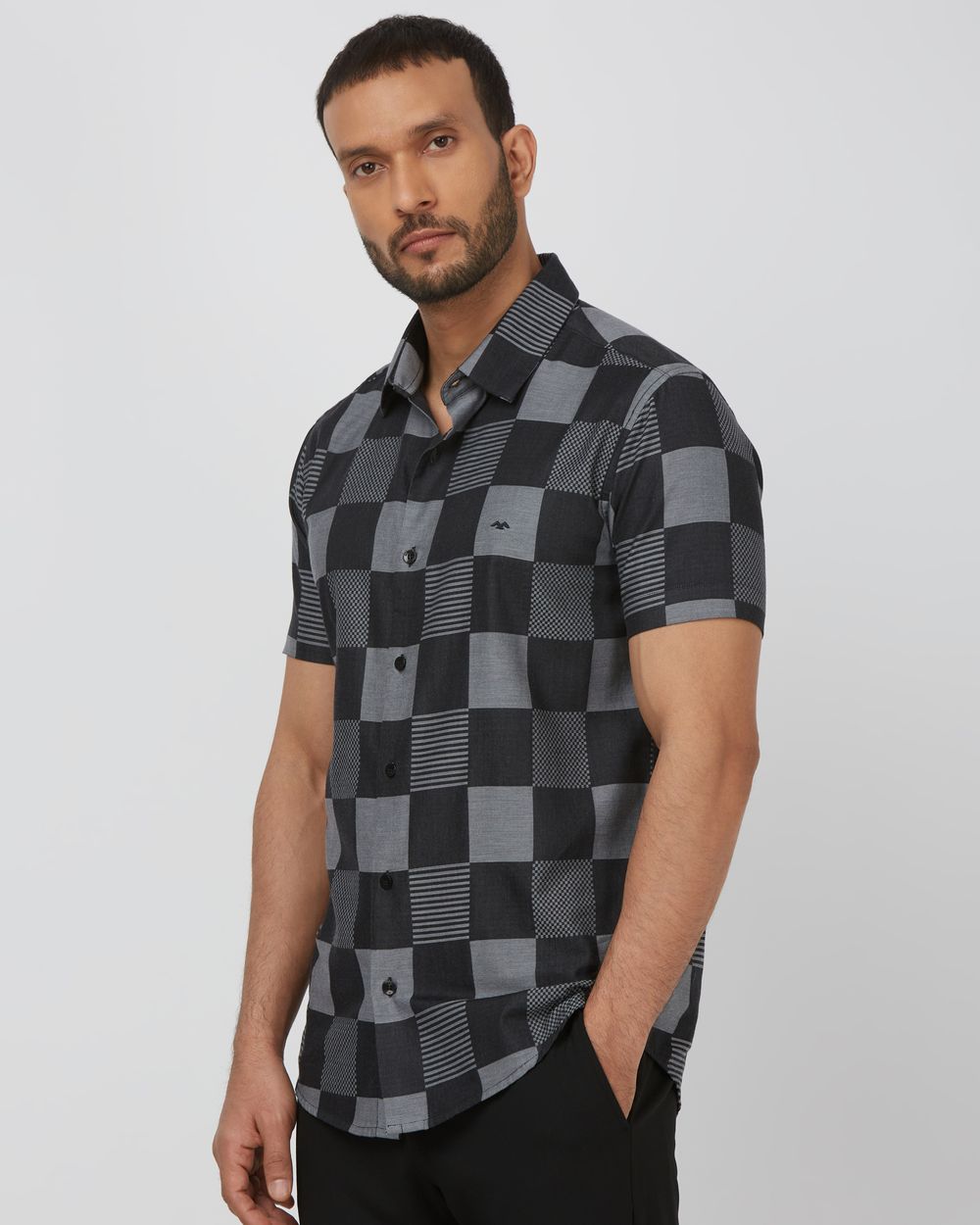 Black Large Check Slim Fit Casual Shirt