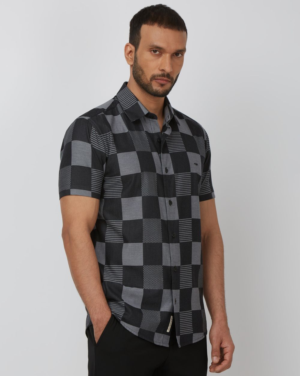 Black Large Check Slim Fit Casual Shirt
