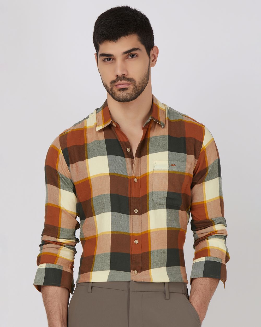 Rust Large Check Slim Fit Casual Shirt