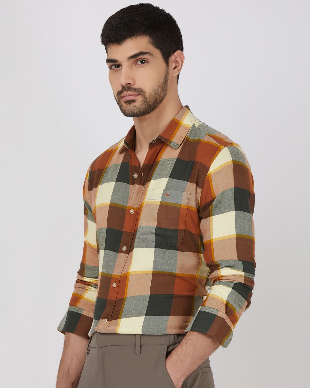 Rust Large Check Slim Fit Casual Shirt