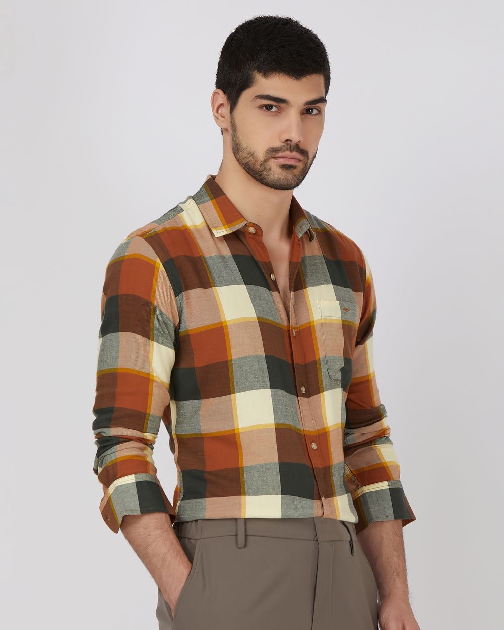 Rust Large Check Slim Fit Casual Shirt