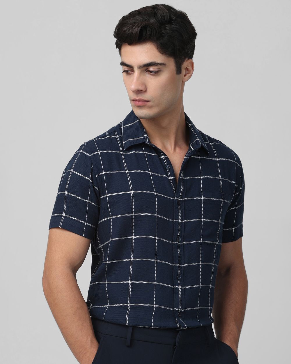 Navy Windowpane Check Slim Fit Casual Shirt
