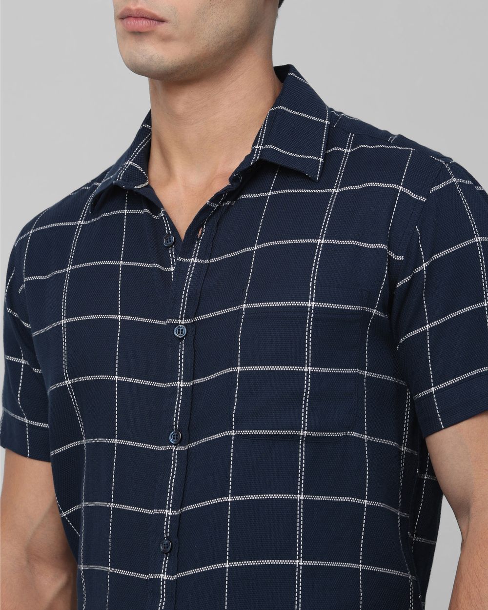 Navy Windowpane Check Slim Fit Casual Shirt
