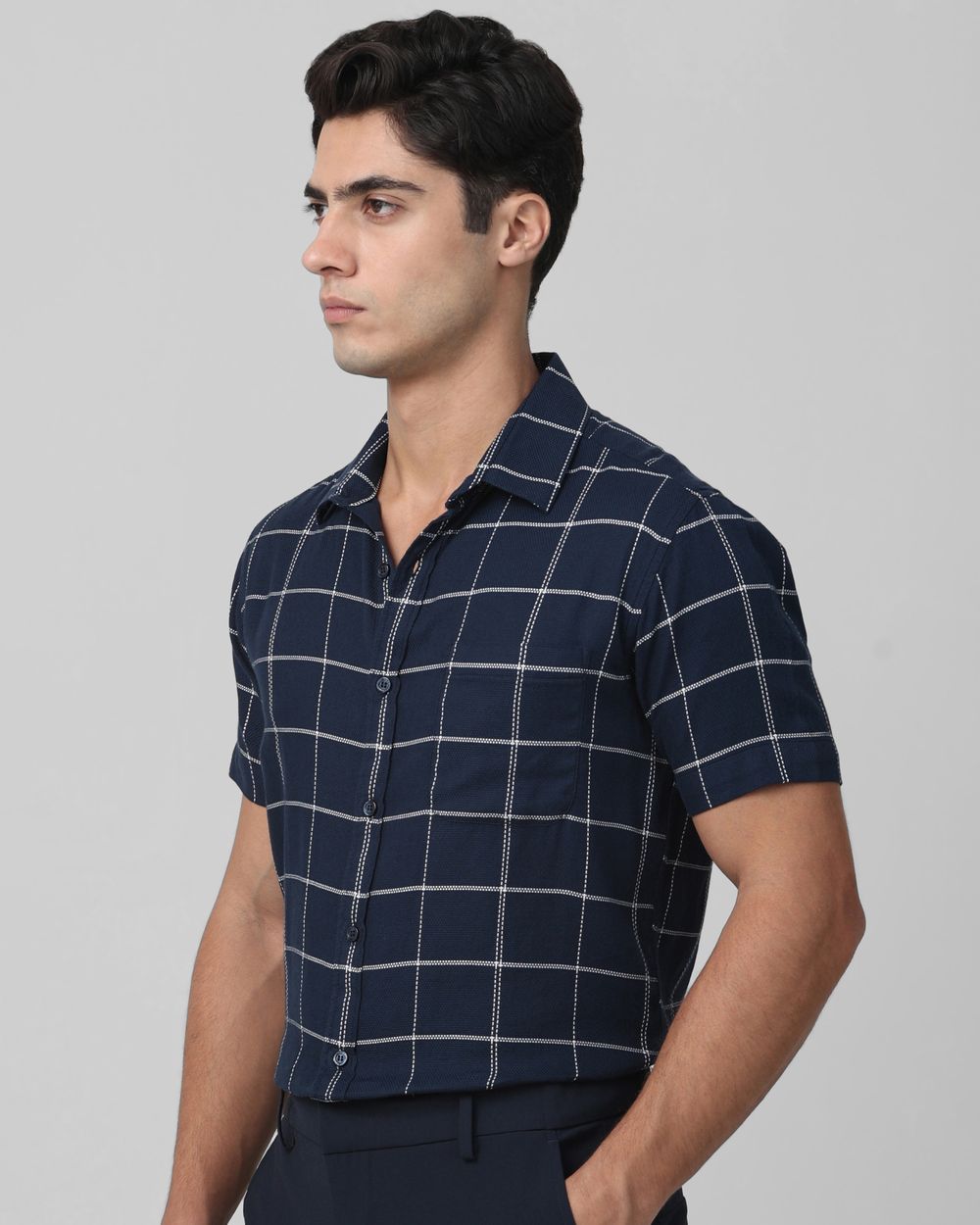 Navy Windowpane Check Slim Fit Casual Shirt